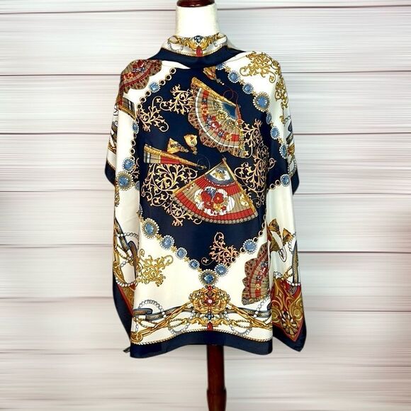 Larioseta BARBIERI Como Silk ScarfGorgeous Fan Print Navy Gold White Italy